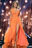 A-Line Deep V-Neck Sweep Train Orange Chiffon Prom Dress With Sash TP0065