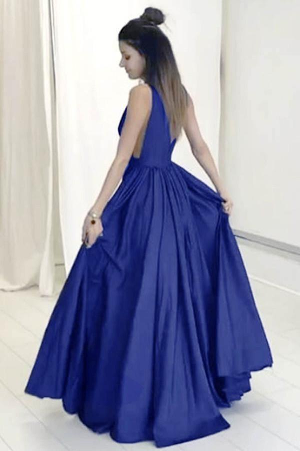 A-Line Deep V-Neck Sweep Train Royal Blue Prom Dress with Ruched PG392 - Tirdress