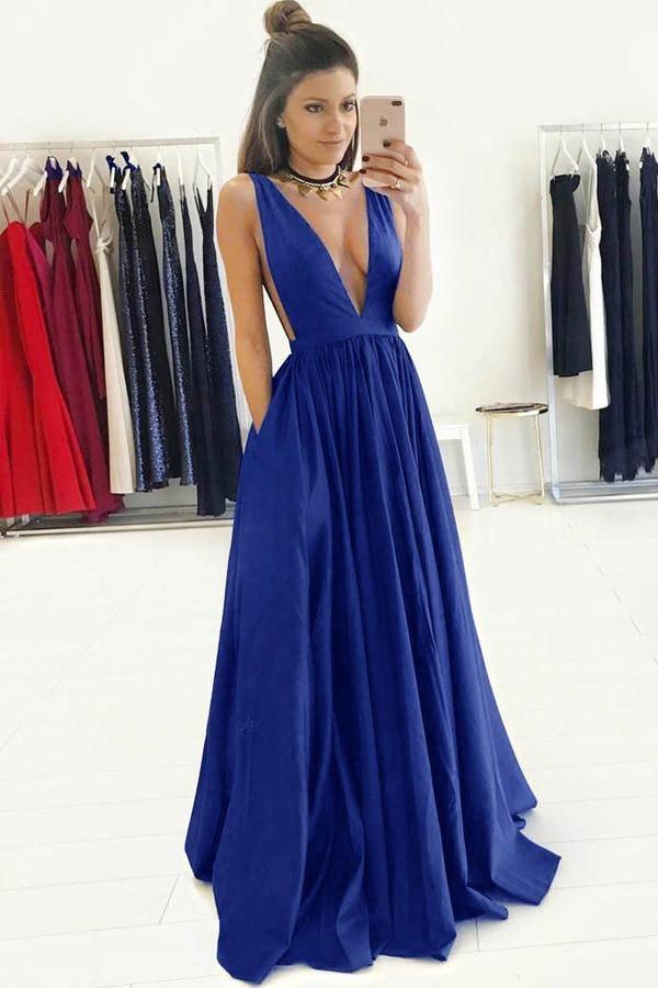 A-Line Deep V-Neck Sweep Train Royal Blue Prom Dress with Ruched PG392 - Tirdress
