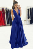 A-Line Deep V-Neck Sweep Train Royal Blue Prom Dress with Ruched PG392