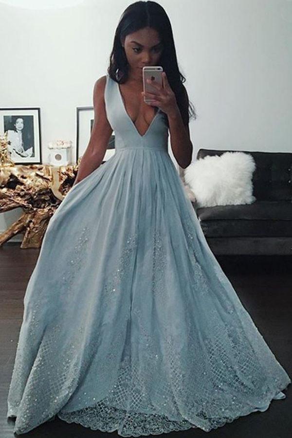 A Line Deep V neck Light Blue Prom Dress with Appliques Beading