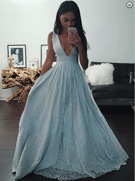 A Line Deep V neck Light Blue Prom Dress with Appliques Beading