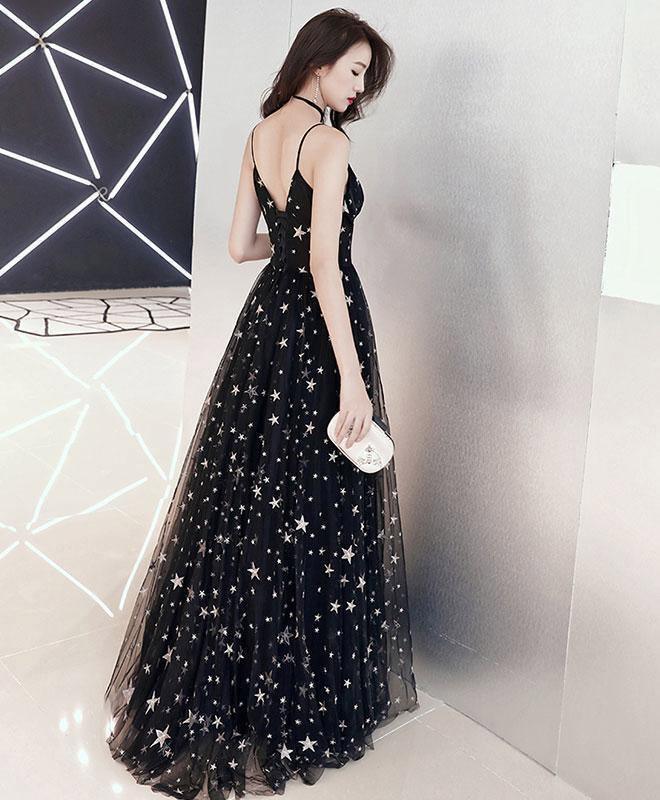 A-Line Floor-Length Star Lace Beautiful Long Black Prom Formal Dress TP1062 - Tirdress