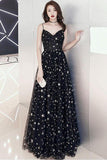 A-Line Floor-Length Star Lace Beautiful Long Black Prom Formal Dress TP1062