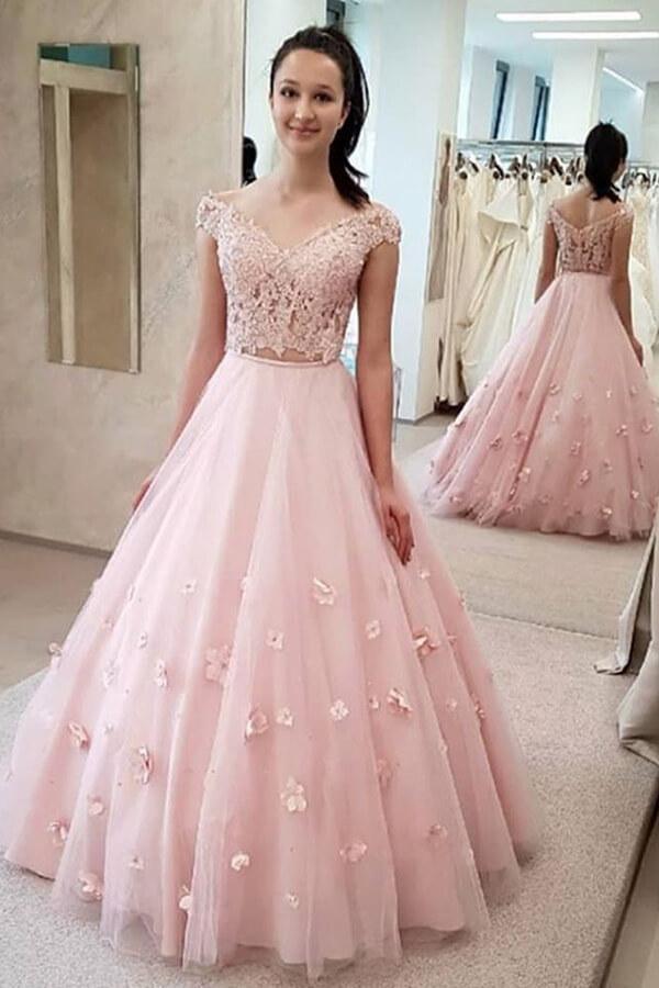A-Line 3D Flower Junior Prom Dresses Lace Two Piece Prom Evening Gown TP1017 - US0 / Pink A-Line 3D Flower Junior Prom Dresses Lace Two Piece Prom Evening Gown TP1017 - US0 / Pink