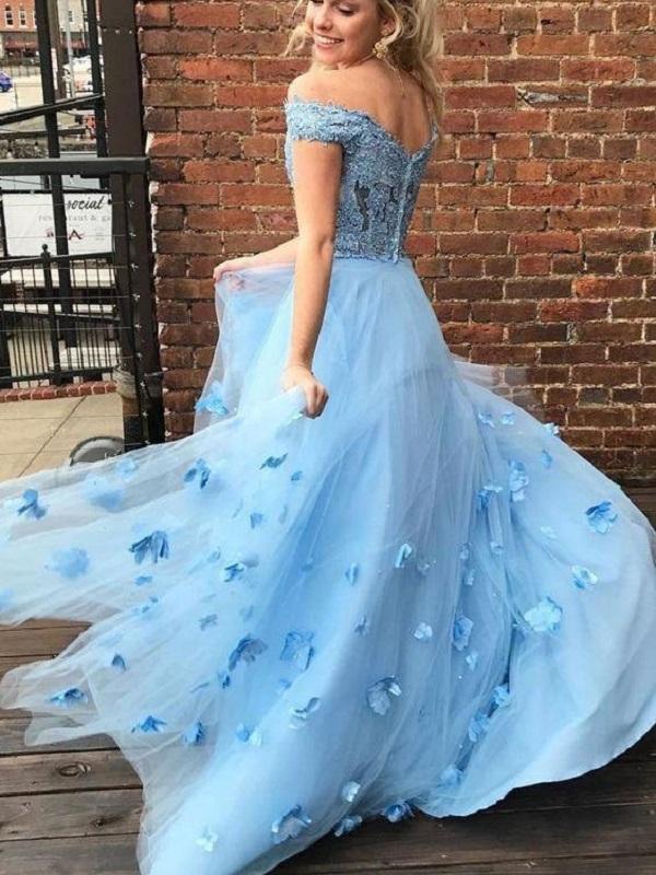 Princess Sky Blue Tiered Tulle Prom Dresss Evening Dress with Appliques US12 / Custom Color Princess Sky Blue Tiered Tulle Prom Dresss Evening Dress with Appliques US12 / Custom Color