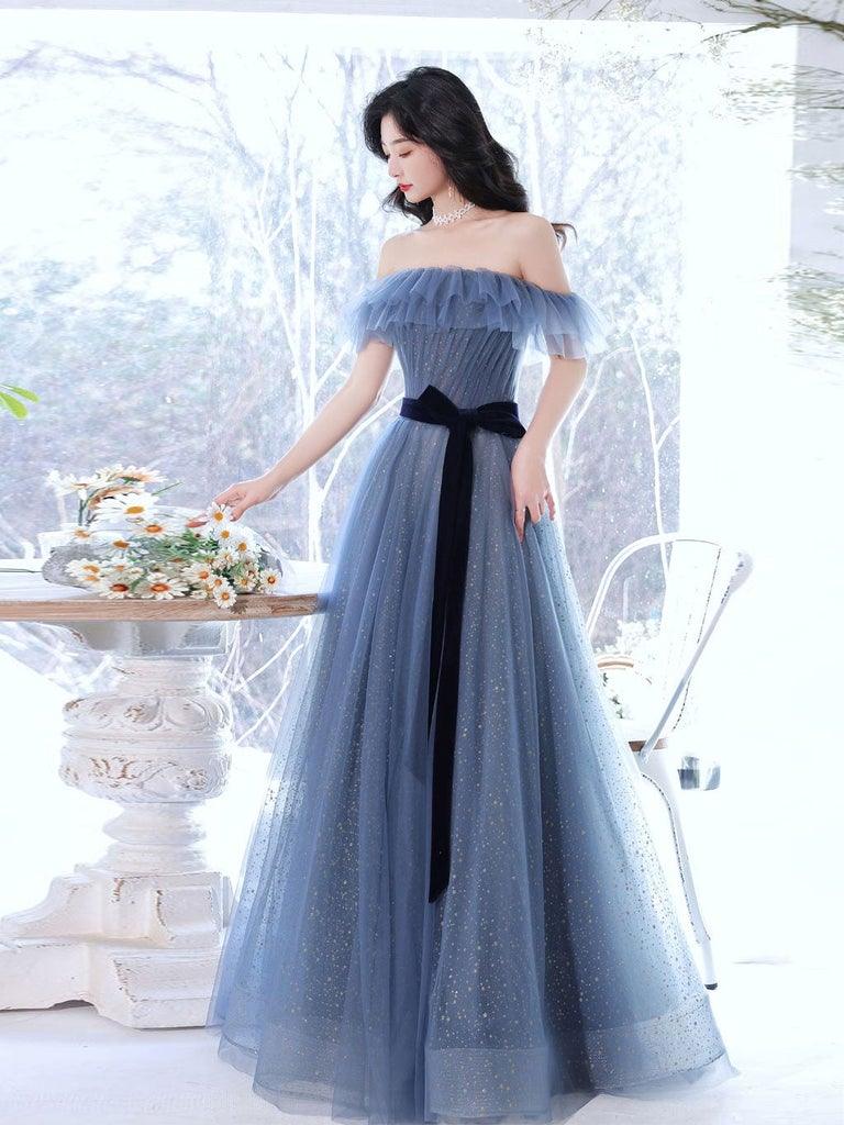 Gray Blue Off The Shoulder Long Prom Dress Sparkly Evening Dress US2 / As Picture Gray Blue Off The Shoulder Long Prom Dress Sparkly Evening Dress US2 / As Picture
