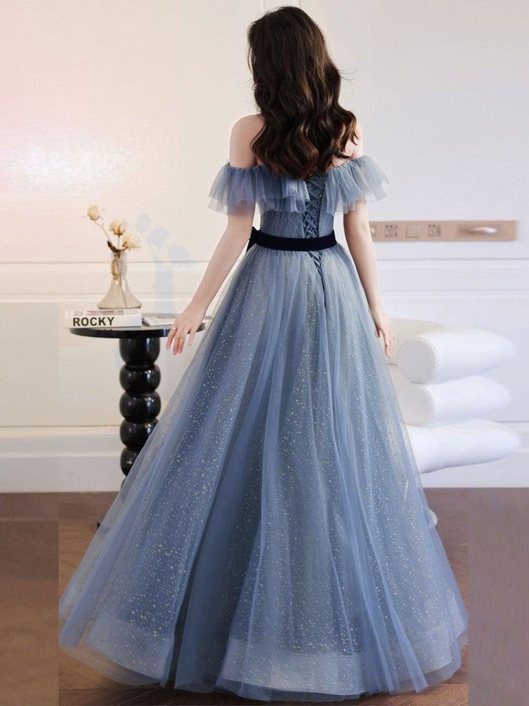 A-Line Gray Blue Off The Shoulder Long Prom Dress Sparkly Evening Dress TP1068 - Tirdress