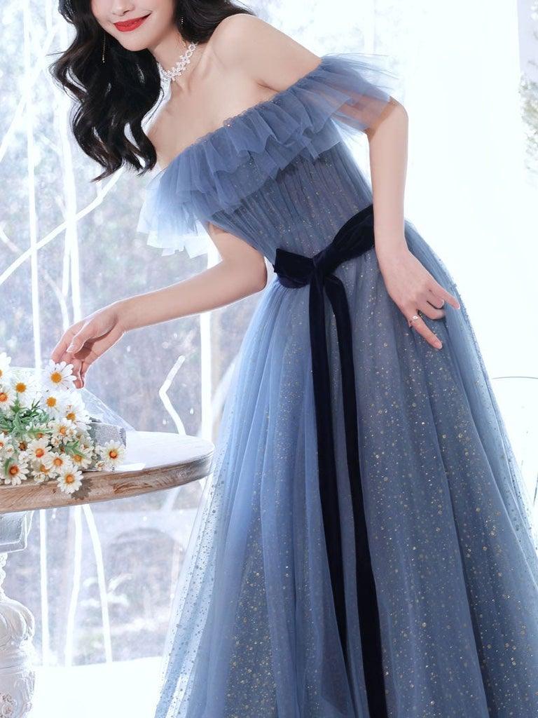 A-Line Gray Blue Off The Shoulder Long Prom Dress Sparkly Evening Dress TP1068 - Tirdress
