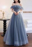 A-Line Gray Blue Off The Shoulder Long Prom Dress Sparkly Evening Dress TP1068