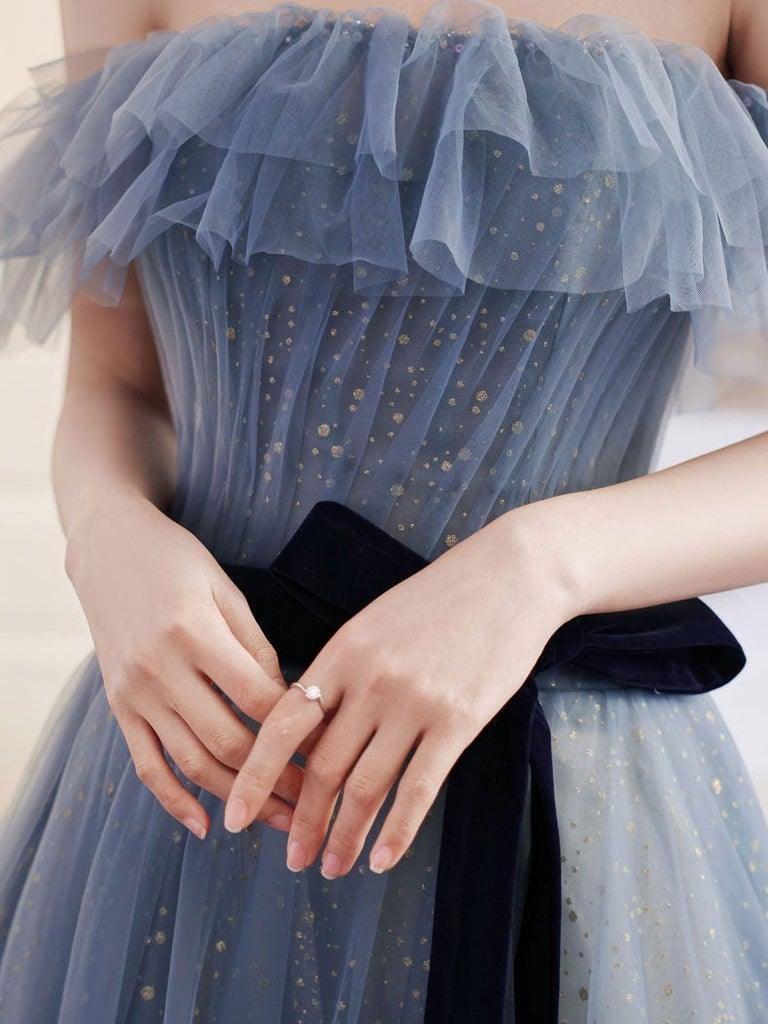 A-Line Gray Blue Off The Shoulder Long Prom Dress Sparkly Evening Dress TP1068 - Tirdress
