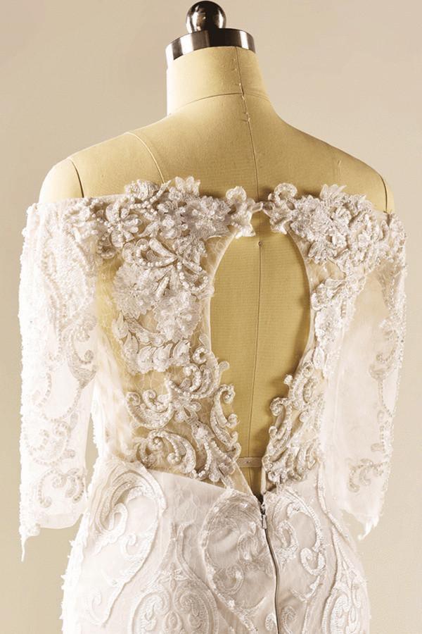 A-Line Half Sleeve Mermaid Lace Beaded Wedding Dress With Appliques TN0098 - Tirdress