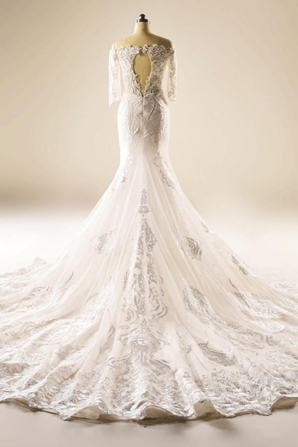 A-Line Half Sleeve Mermaid Lace Beaded Wedding Dress With Appliques TN0098 - Tirdress