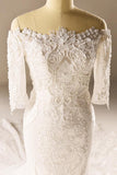A-Line Half Sleeve Mermaid Lace Beaded Wedding Dress With Appliques TN0098 - Tirdress