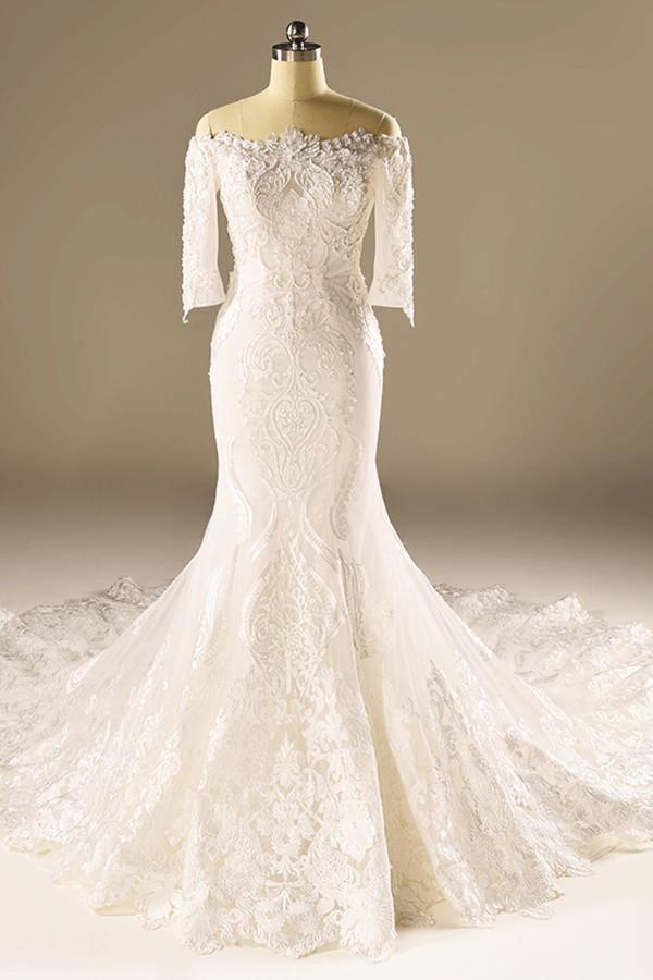 A-Line Half Sleeve Mermaid Lace Beaded Wedding Dress With Appliques TN0098 - Tirdress
