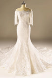 A-ligne demi-manches sirène dentelle perlée robe de mariée avec appliques TN0098
