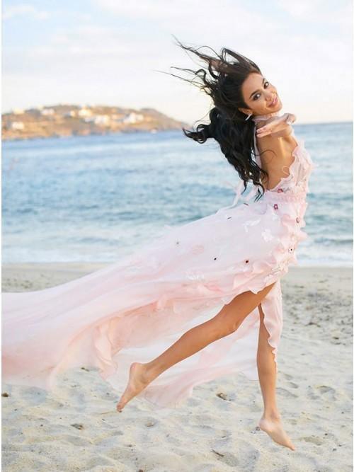 A-Line Halter Backless Light Pink Chiffon Beach Wedding Dress with Appliques Ruffles TN253 - Tirdress