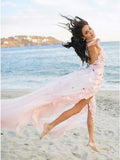 A-Line Halter Backless Light Pink Chiffon Beach Wedding Dress with Appliques Ruffles TN253 - Tirdress