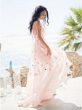 A-Line Halter Backless Light Pink Chiffon Beach Wedding Dress with Appliques Ruffles TN253 - Tirdress