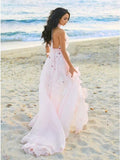 A-Line Halter Backless Light Pink Chiffon Beach Wedding Dress with Appliques Ruffles TN253 - Tirdress