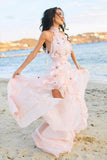Robe de mariée de plage en mousseline de soie rose clair dos nu avec appliques volants TN253