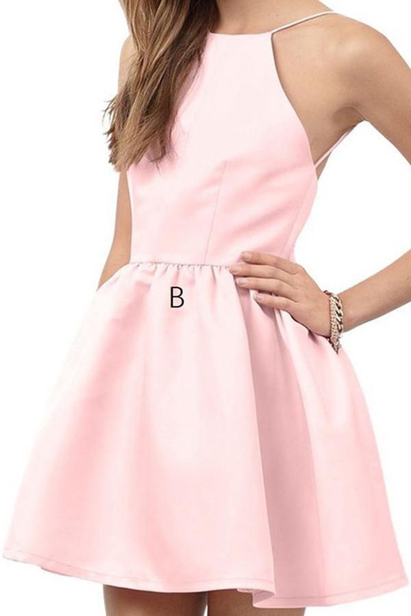 A-Line Halter Backless Short Pearl Pink Satin Homecoming Dress TR0165 - Tirdress