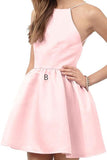 A-Line Halter Backless Short Pearl Pink Satin Homecoming Dress TR0165