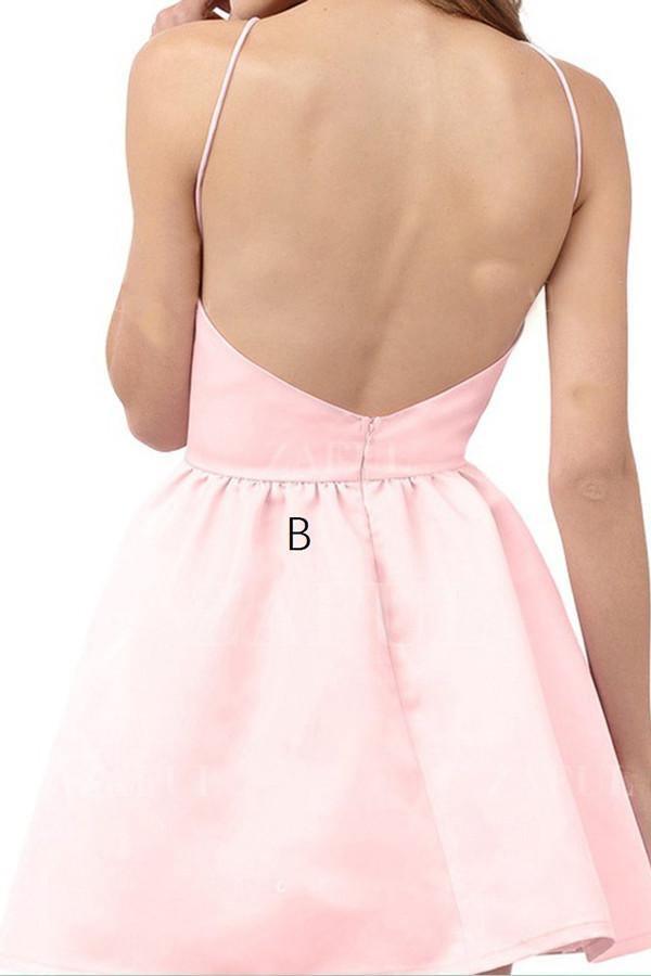 A-Line Halter Backless Short Pearl Pink Satin Homecoming Dress TR0165 - Tirdress