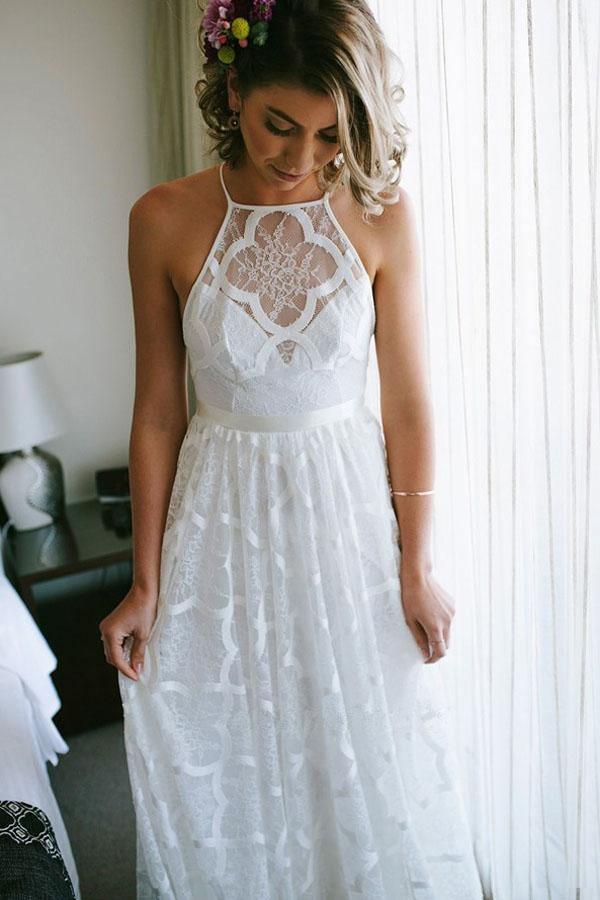 A-Line Halter Backless Sweep Train White Lace Wedding Dress with Pleats TN235 - Tirdress