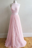 A-Line Halter Floor-Length Pink Tulle Prom Dresses with Sash Lace PG449 - Tirdress