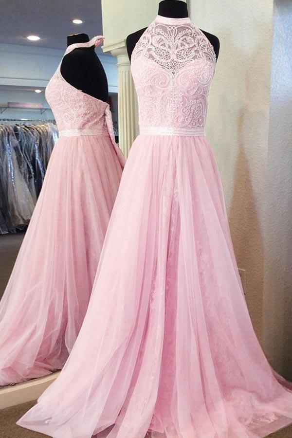 A-Line Halter Floor-Length Pink Tulle Prom Dresses with Sash Lace PG449 - Tirdress