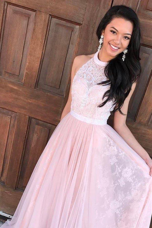 A-Line Halter Floor-Length Pink Tulle Prom Dresses with Sash Lace PG449 - Tirdress