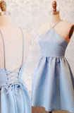 A-Line Halter Lace-Up Short Blue Satin Homecoming Dress  TR0195