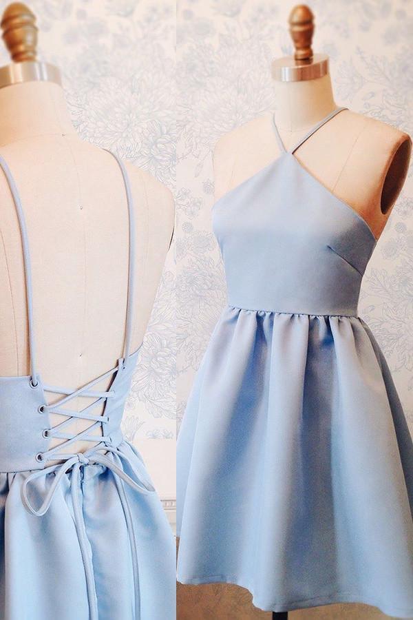 A-Line Halter Lace-Up Short Blue Satin Homecoming Dress TR0195 - Tirdress