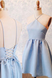 A-Line Halter Lace-Up Short Blue Satin Homecoming Dress TR0195 - Tirdress