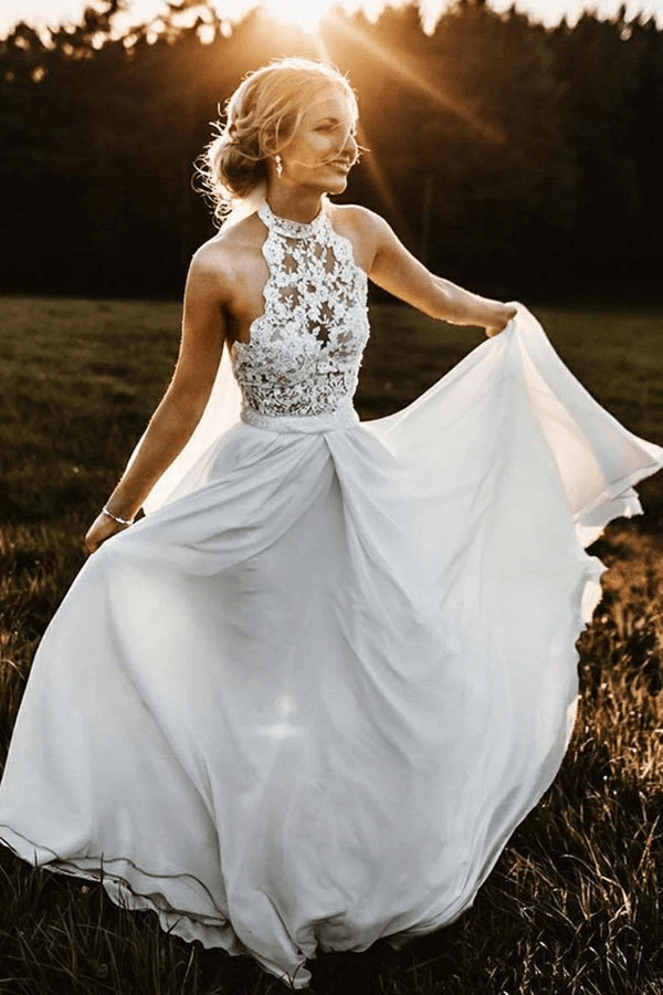 A-Line Halter Sleeveless Chiffon Long Beach Wedding Dress With Lace TN262 - Tirdress