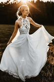 A-Line Halter Sleeveless Chiffon Long Beach Wedding Dress With Lace  TN262