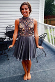 A-Line High Neck Open Back Short Grey Homecoming Dress With Beading TR0172