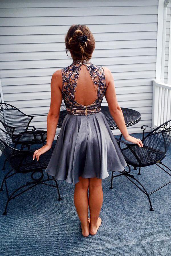 A-Line High Neck Open Back Short Grey Homecoming Dress With Beading TR0172 - Tirdress