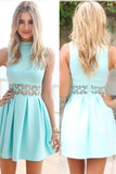 A-Line High Neck Short Blue Spandex Homecoming Dress With Lace TR0127 - Tirdress