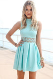 A-Line High Neck Short Blue Spandex Homecoming Dress With Lace TR0127