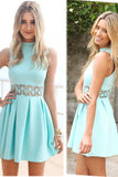 A-Line High Neck Short Blue Spandex Homecoming Dress With Lace TR0127 - Tirdress