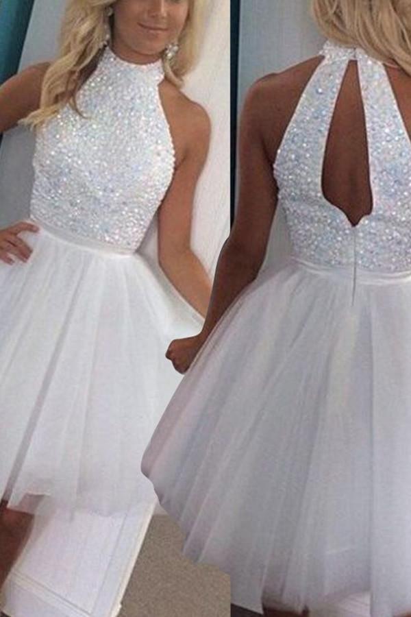 A-Line High Open Back White Short Tulle Homecoming Dress With Beading TR0164 - Tirdress