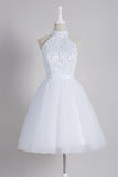 A-Line High Open Back White Short Tulle Homecoming Dress With Beading TR0164 - Tirdress