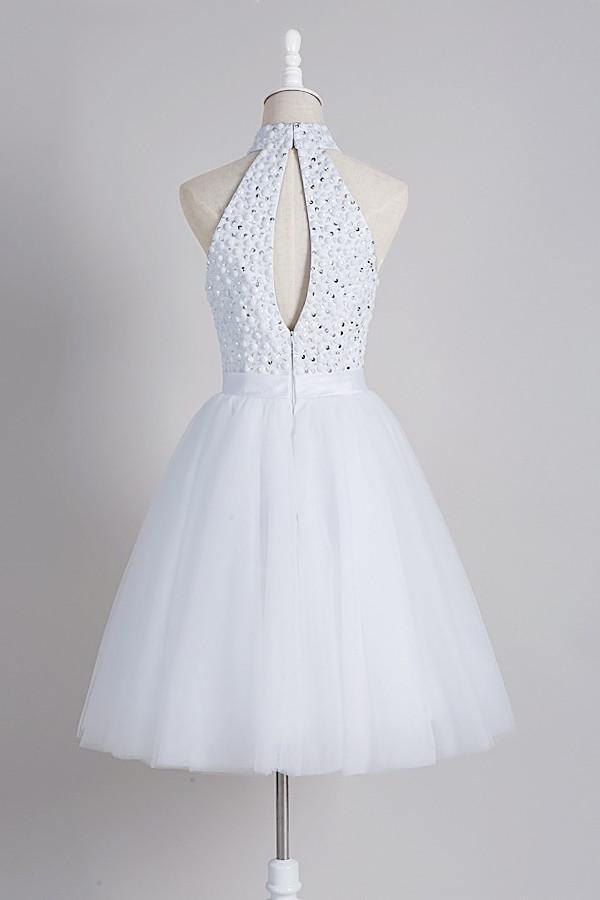 A-Line High Open Back White Short Tulle Homecoming Dress With Beading TR0164 - Tirdress