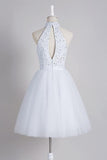 A-Line High Open Back White Short Tulle Homecoming Dress With Beading TR0164 - Tirdress