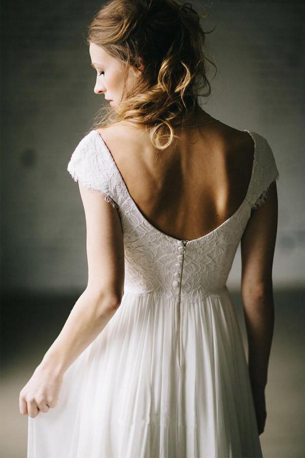 A-Line Ivory Lace Cap Sleeve Vintage Chiffon Wedding Dresses WD069 - Tirdress