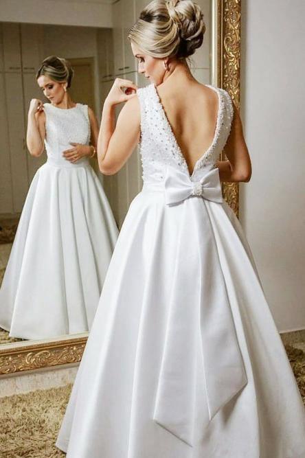 A-Line Jewel V Back Floor-Length Satin Wedding Dress with Beading Bowknot TN222 - Tirdress