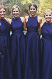 A-Line Jewel Floor-Length Navy Blue Sleeveless Satin Bridesmaid Dress BD054