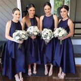 A-Line Jewel Floor-Length Navy Blue Sleeveless Satin Bridesmaid Dress BD054 - Tirdress